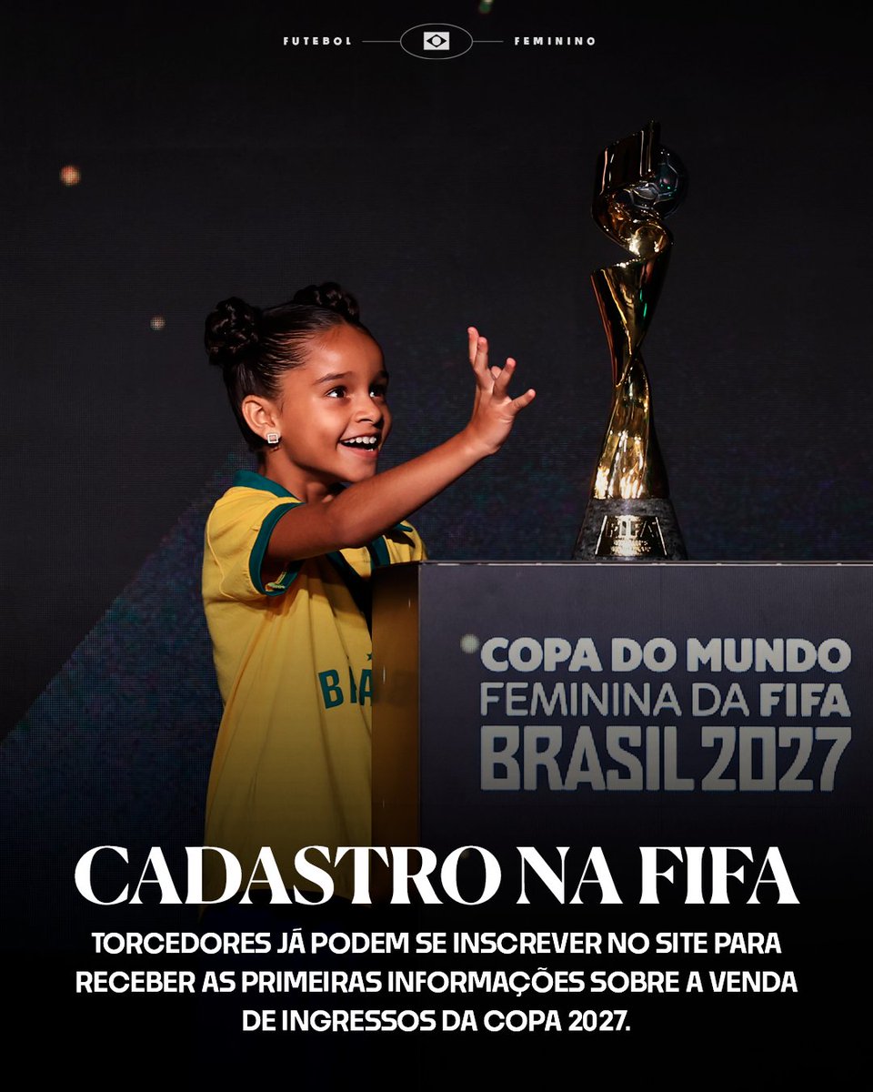 Vocês já podem se preparar pra torcer pela Seleção na nossa casa! 🇧🇷🤩

Se inscreva agora em fifa.com/pt/tickets para receber em primeira mão as informações sobre a venda de ingressos da Copa do Mundo Feminina da FIFA 2027!

📸 Buda Mendes - FIFA/FIFA via Getty Images