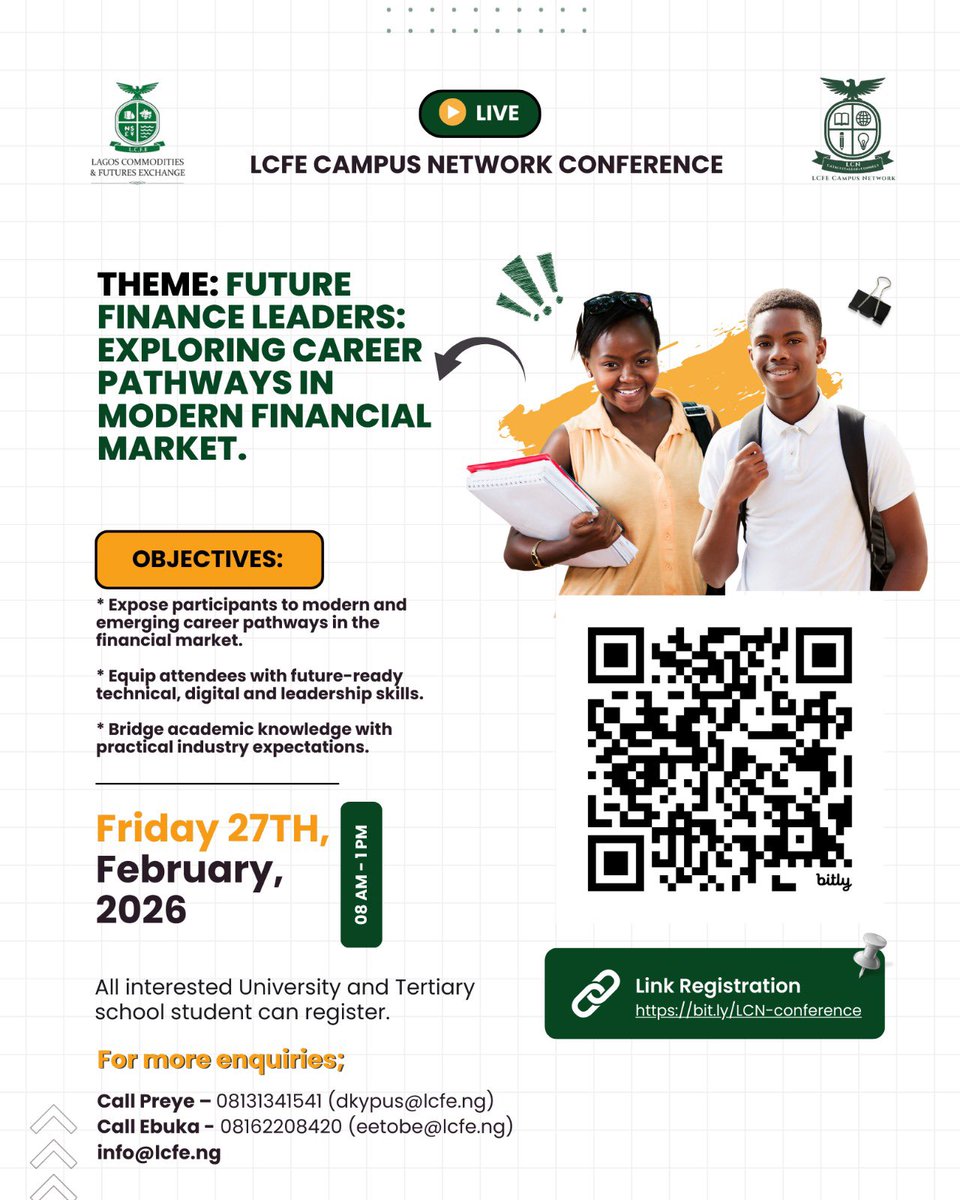 LCFE_NG's tweet photo. LCFE is hosting an exciting webinar for students and aspiring professionals looking to build careers in today’s modern financial markets.
📅 Friday, 27th February 2026
👉 Register now and take your first step toward becoming a future finance leader.
.
.
#LCFE #MarketPlus #GOLD https://t.co/qE6RjPsQH5