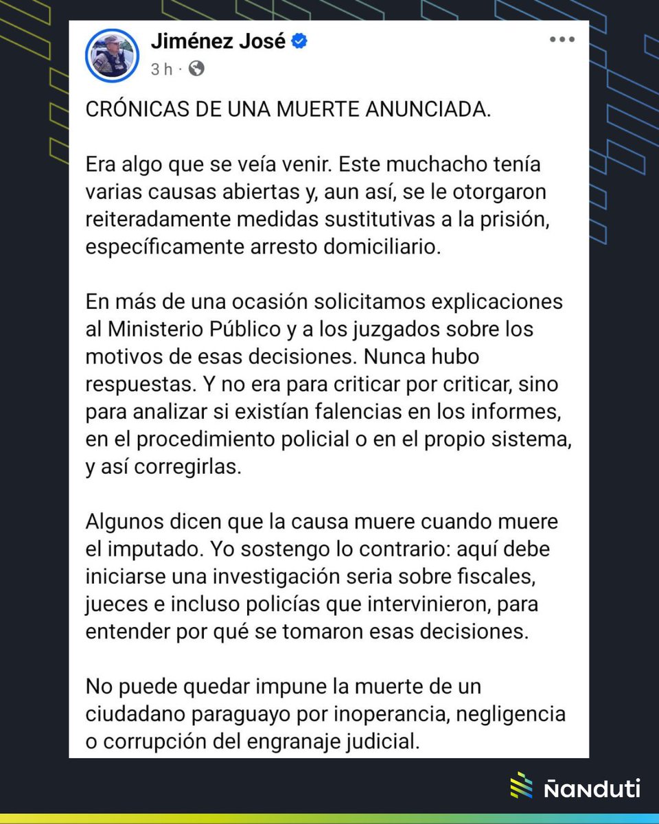Caso Pingüi: "Crónica de una muerte anunciada" 📰

🚨 El oficial José Jiménez se refirió al caso de Emerson Giovanni Ruiz Acosta, alias “Pingüi” (20), quien fue abatido tras un asalto domiciliario en Fernando de la Mora, hecho en el que también falleció el dueño de la vivienda