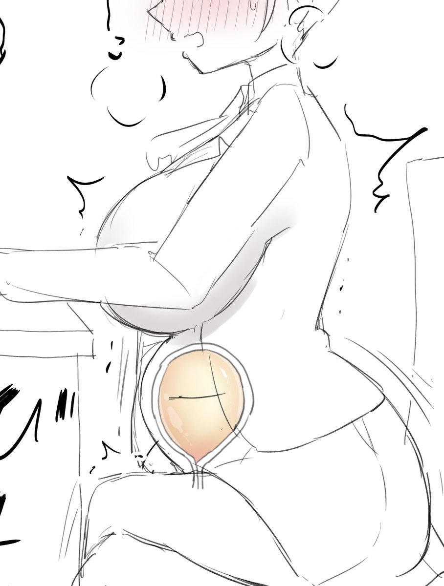 仕事中の彼女の膀胱はおしっこでパンパンのようです。 