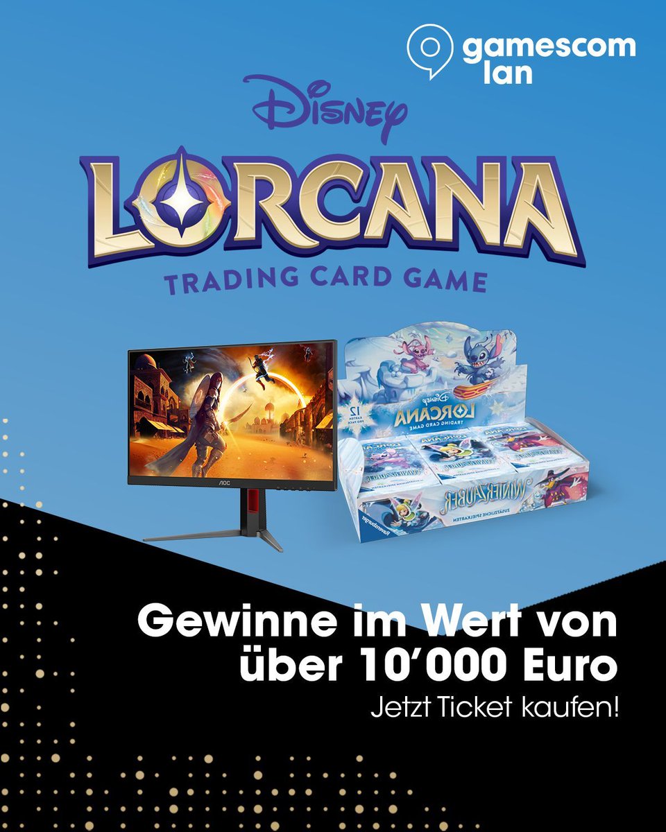 gamescomlan's tweet image. Hol dir jetzt dein Lorcana-TCG-Ticket und spiele an der gamescom lan um Preise im Wert von über 10'000€. 🙌 
Alle Teilnehmer:innen erhalten automatisch einen Goodie-Bag im Wert von ungefähr 40€ – es lohnt sich schnell zu sein, der Platz ist auf 256 Tickets beschränkt. 🏃‍♀️…
