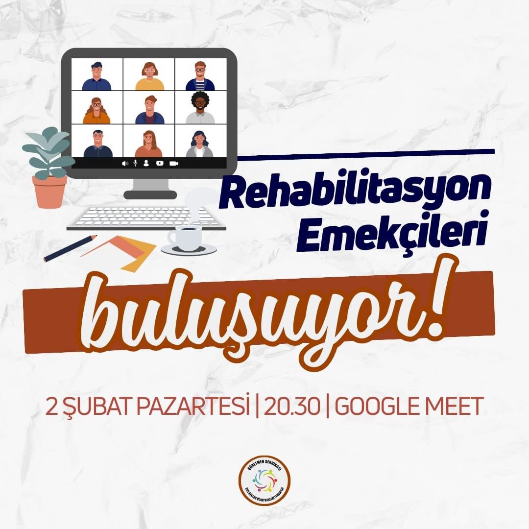 📣 REHABİLİTASYON EMEKÇİLERİ BULUŞUYOR 💻

Rehabilitasyon emekçileri olarak düşük ücretlere, ağır çalışma koşullarına, mesleğimizin değersizleştirilmesine karşı online toplantıda buluşuyoruz!

🗓️ 2 Şubat Pazartesi 
⏰ 20.30
📍 Google Meet
Not: Toplantıya katılmak için