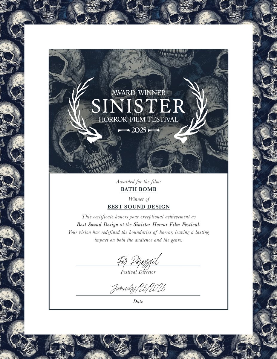 bathbombhorror's tweet photo. Bath Bomb won Best Sound Design at Sinister Horror Film Festival!

Congrats to our post audio team at Formosa Toronto, huge hugs to our foley team at Footsteps Post Production Sound, and massive thanks to festival director Fernando Perezgil &amp; the rest of the Sinister Horror team! https://t.co/DFmfXHcAOS