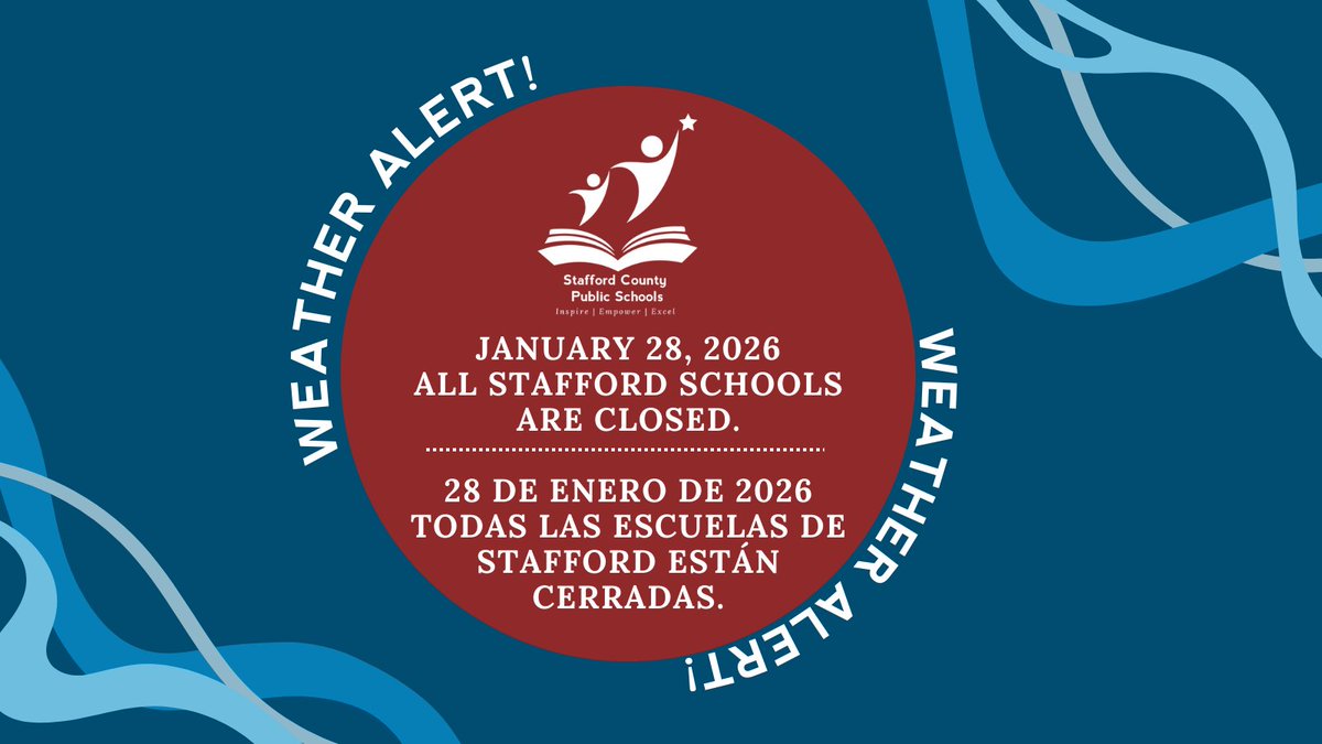 Due to lingering adverse road conditions, all Stafford Schools, offices, and buildings will be closed on Wednesday, January 28, 2026. All activities and events scheduled for Wednesday are cancelled.