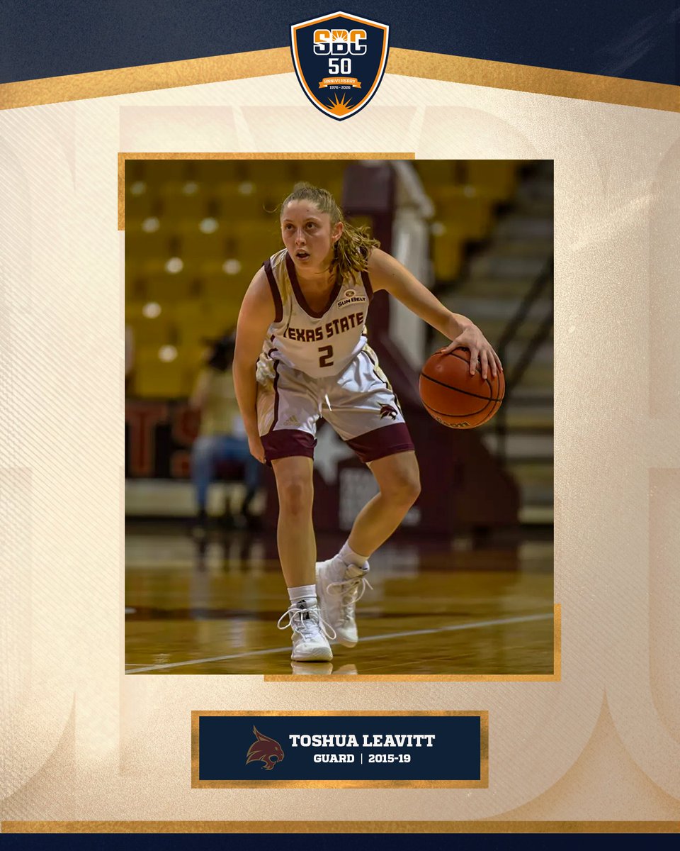 SunBelt's tweet photo. 𝗧𝗢𝗦𝗛𝗨𝗔 𝗟𝗘𝗔𝗩𝗜𝗧𝗧.

While at @TXStateWBB Toshua Leavitt became the Sun Belt record holder in career three-pointers made (363), single-season made three-pointers (137) and is fifth all time in the NCAA record book in three's (137). ☀️ 🏀 

#SunBeltat50 https://t.co/8ll9HeaB02