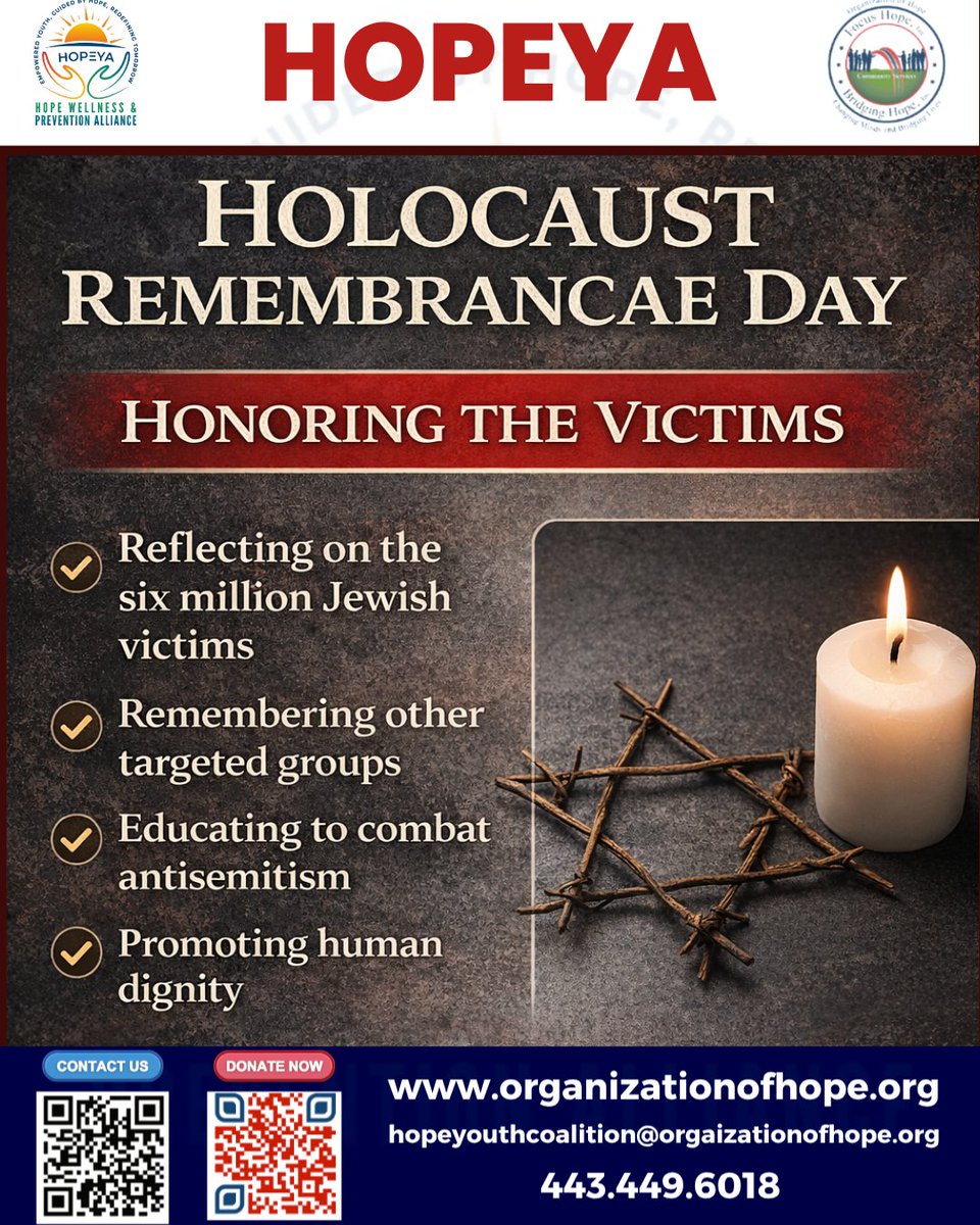 orgofhope's tweet photo. "Today we honor the millions of lives lost and the survivors who carry the truth forward 🕯️✨ Holocaust Remembrance Day reminds us to stand against hatred, promote compassion, and educate future generations.

#HOPEYA #HolocaustRemembranceDay #HonorAndRemember #UnityAndCompassion" https://t.co/XrfzJzbuTL