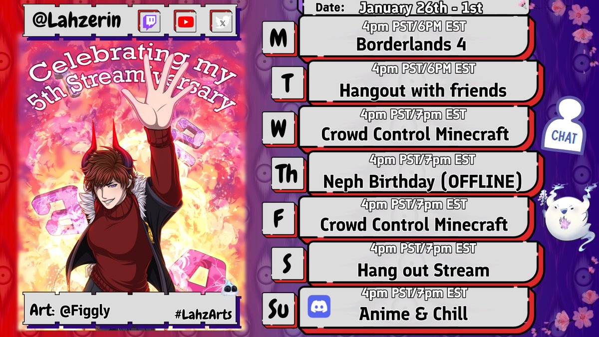 ⛓️ Here is the rest of my celebration week!!
🔥 I'm so hyped for the games with friends tonight!! #Lahz5years #vtuber