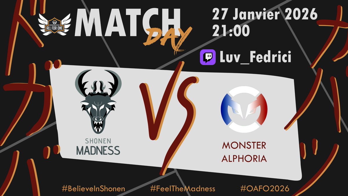 Ce soir, à 21h00, les Shonen Madness entrent en scène pour leur premier match de la saison du <a href="/PlayAllForOneFR/">Overwatch AllForOne France</a> 2026 contre les MONSTER ALPHORIA de <a href="/MonsterGamingOw/">Monster Gaming</a> ⚔️

Et devinez quoi ? le match est casté par <a href="/LUV_FEDRICI/">LUV</a> 😎 Vous pourrez aussi visionner le POV Flex Support de
