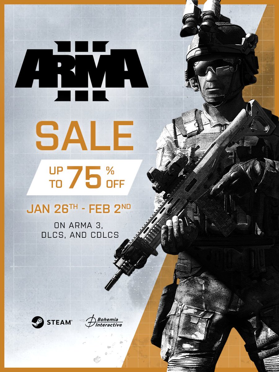 ArmaPlatform's tweet photo. Another Weeklong Sale is here! 

Get #Arma3 for 75% off, and its DLCs for up to 67% off! 🔥

The sale ends February 2! ⏳

https://t.co/N2wfKW5Qxv https://t.co/ei3DdZ9ZMO