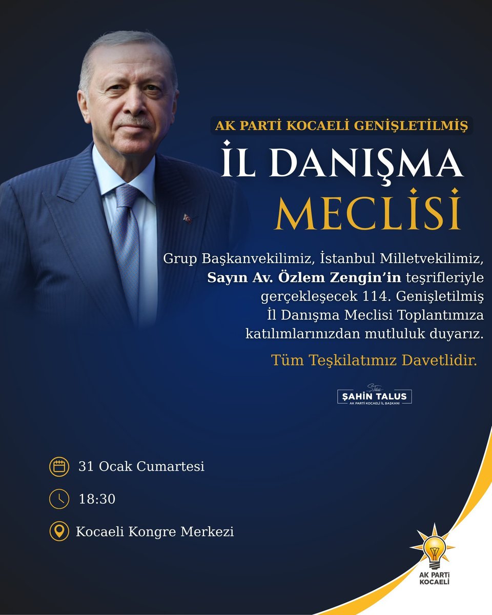AK Parti Kocaeli
114. Genişletilmiş İl Danışma Meclisi Toplantısı,
Grup Başkanvekilimiz ve İstanbul Milletvekilimiz
Sayın Av. Özlem Zengin’in teşrifleriyle gerçekleştirilecektir.

Tüm teşkilat mensuplarımız davetlidir.

📅 31 Ocak Cumartesi
⏰ 18.30
📍 Kocaeli Kongre Merkezi