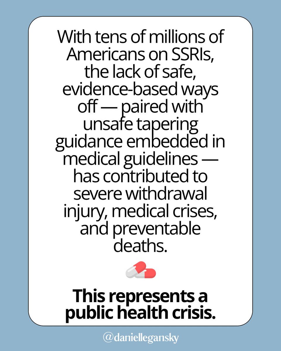 DanielleGansky's tweet photo. 💊 Antidepressants are prescribed at historic levels: yet doctors lack proven, safe guidance for stopping them and are taught to taper too quickly.

The result: 
withdrawal injury, medical crises, and preventable deaths.

Medical guidance should not cause harm. #ssriwithdrawal #mentalhealth #antidepressants
