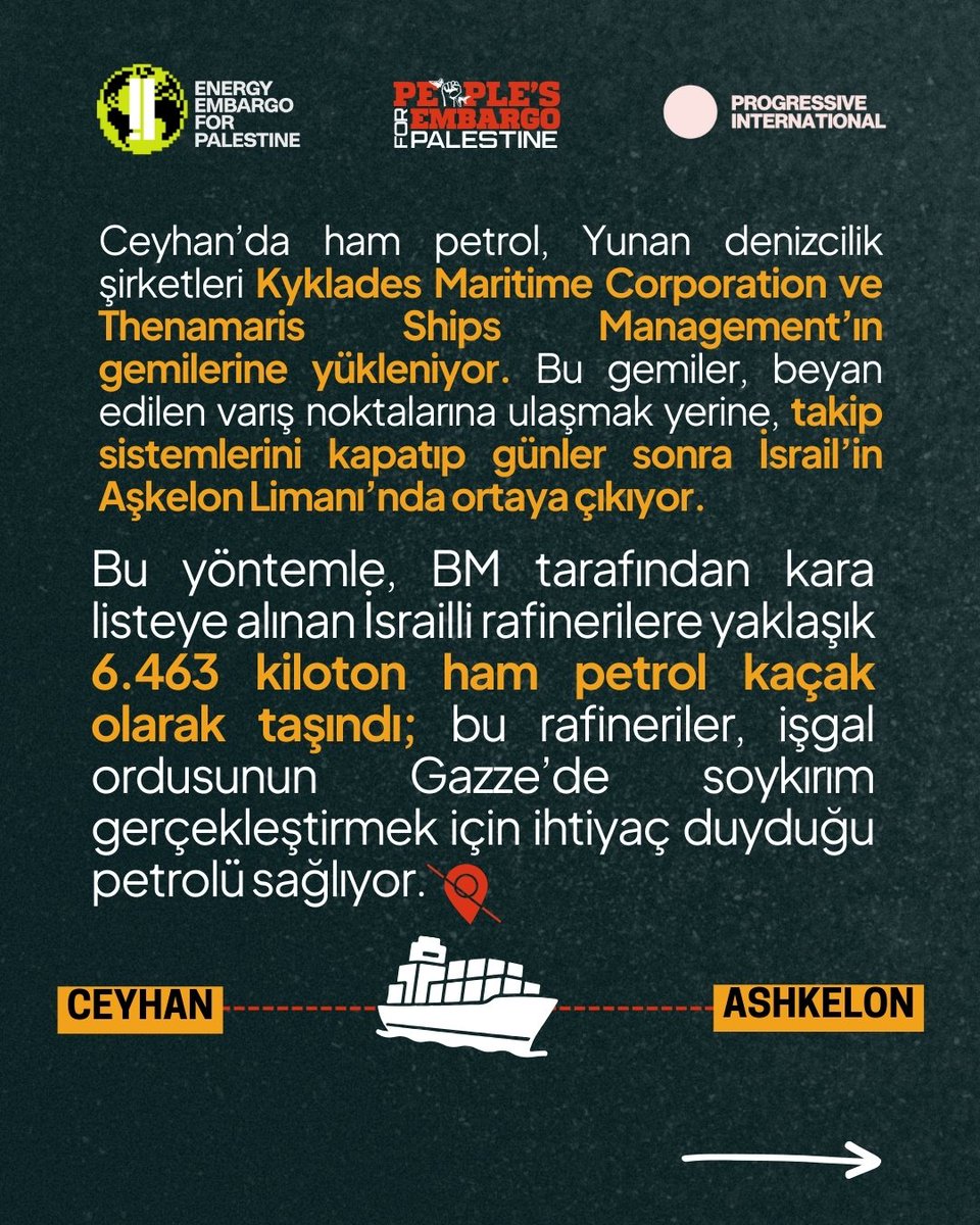 🚨TÜRKİYE, İSRAİL'E YÖNELİK TİCARET AMBARGOSUNU İHLAL EDİYOR!

Türkiye, imzaladığı Bogota Bildirisindeki taahhütlerini yerine getirmiyor, Siyonistlere soykırımın yakıtı olarak kullanılan ham petrolü göndermeye devam ediyor!

Peoples Embargo for Palestine, <a href="/EEforpalestine/">Energy Embargo for Palestine</a> ve