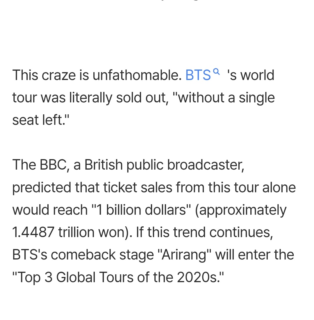 [NEWS] “This craze is unfathomable. #BTS 's world tour was literally sold out, "without a single seat left”🔥

The BBC, a British public broadcaster, predicted that ticket sales from this tour alone would reach "1B dollars" (approximately 1.4487 trillion won)++ 

BTS IS COMING