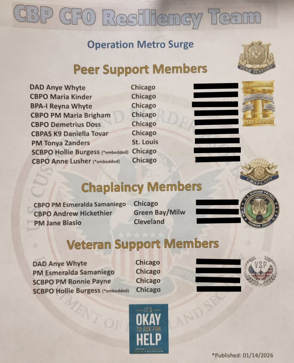 kenklippenstein's tweet image. Border Patrol is circulating peer support materials for personnel in Minneapolis, per Metro Surge resiliency plan leaked to me.  

"IT'S OKAY TO ASK FOR HELP," the document (marked "For Official Use Only" for some reason) reads