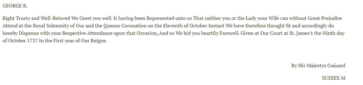 Yesterday, I posted the text of a Royal Letter summoning a peer to a Coronation, but the Monarch could also dispense with a peer's attendance. For more information, check out the CBAI record: cbaionline.org/corpus/items/s…