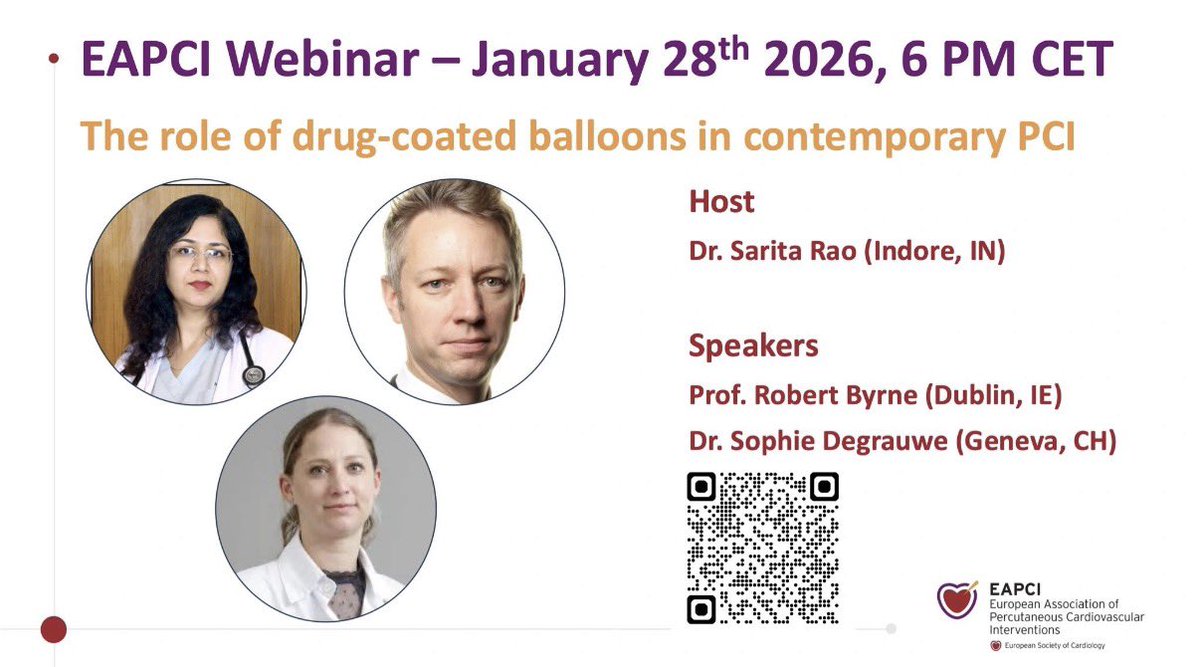 EAPCIPresident's tweet photo. ⏰ #EAPCI Webinair Alert ⏰

📆January 28 at 6 PM CET

✅ The Role of Drug Coated Balloons in Contemporary PCI 

Register ⬇️

#EAPCIfamily 
@DrSaritaRao2 @mmamas1973 https://t.co/tOw9NUgEdC