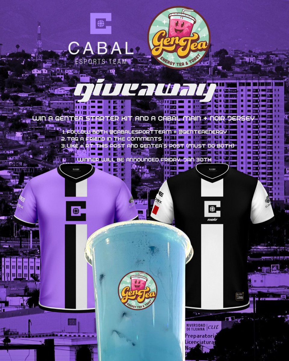 GENTEA x CABAL ULTIMATE GIVEAWAY

WINNER RECEIVES:

💫1 GENTEA STARTER KIT
🌐 1 CABAL MAIN + 1 CABAL NOIR JERSEY
📰 MUST FOLLOW US + <a href="/GenTeaEnergy/">GenTea</a> 
🎟️ MUST LIKE, RT, + TAG A FRIEND

WINNER ANNOUNCED FRIDAY, JAN 30TH.