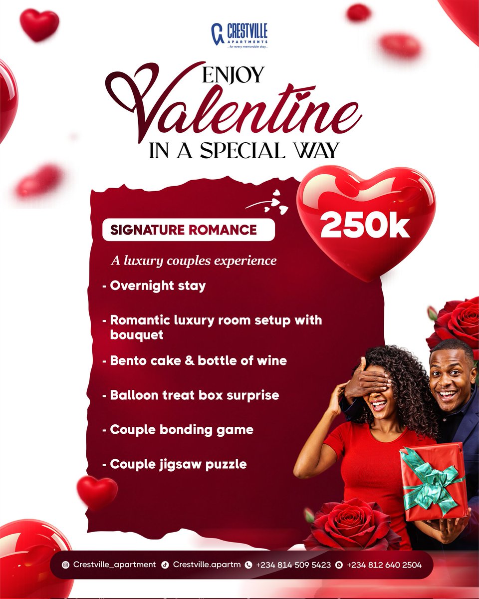 Surprise your special someone in a special way on a special day at Crestville Apartments! ♥️

Specially curated packages at special prices! ♥️

Tag that special someone in the comments and you could win a Free night! ♥️

#ValentinesDay
#CrestvilleApartments
#ShortletApartment