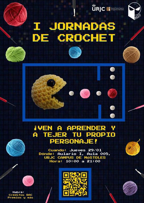 ETSIIMuseo's tweet photo. ¿Quieres aprender a hacer #crochet? La asociación de estudiantes @ANGERURJC te enseña este jueves en el campus de #Móstoles. ¡Habrá regalos para quien consiga tejer el mejor #PacMan de crochet de todos los asistentes! Colabora: @etsii_urjc. Más info en el QR https://t.co/lJBcf8zcii