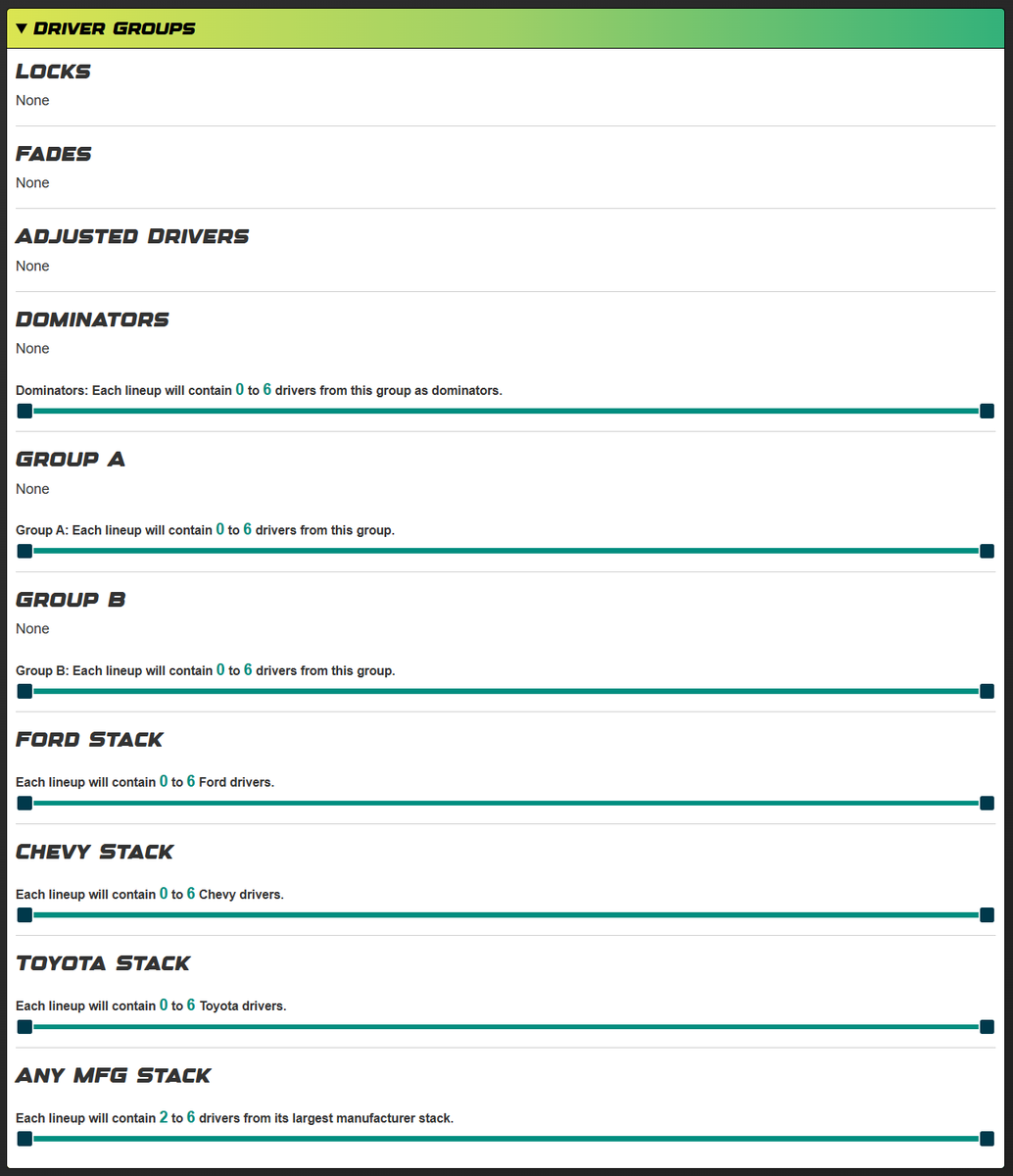Most optimizers generate lineups.

The Speed-Geeks.com Lineup Optimizer helps you choose them.

Lineups are selected from a pool where every lineup was optimal in at least one simulated race outcome, then scored using lineup weights, constraints, and ownership awareness.