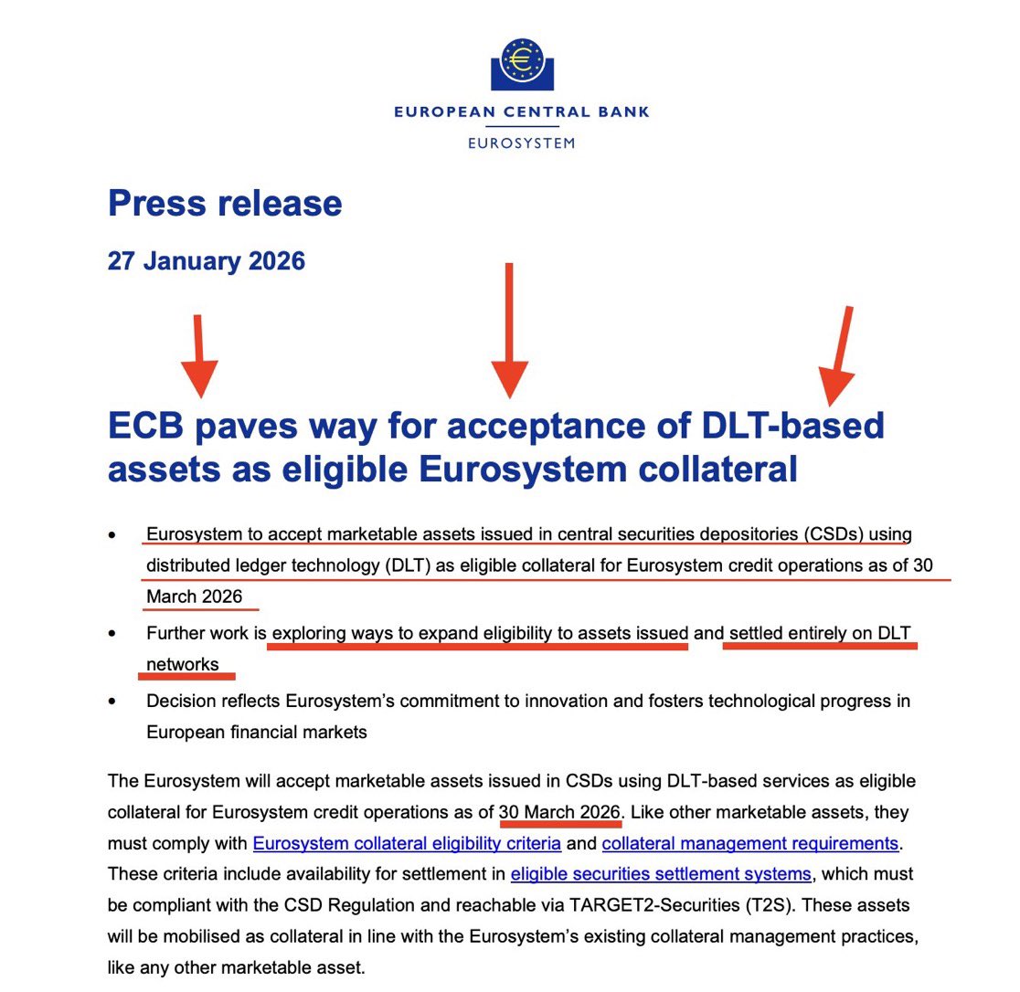 🧵 ECB paves the way: DLT-based assets can become Eurosystem collateral  (March 30, 2026) 🇪🇺 Big deal out of Europe: The Eurosystem says it will  accept marketable assets issued in CSDs using