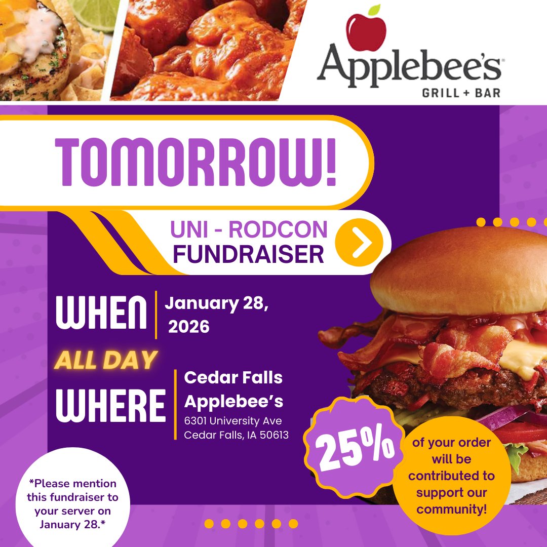 Tomorrow's the day!! 🍎🐝
Grab something to eat at the Cedar Falls Applebee’s tomorrow, January 28! Eat anytime during the day, and 25% of your order will be contributed to support UNI–RodCon. 💫

 #RodCon