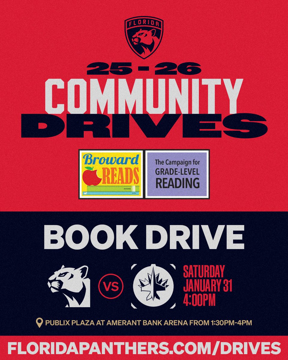 FlaPanthersCARE's tweet image. Bring a book to help build a brighter future 📚

On Jan. 31, you can drop children’s books off on Publix Plaza from 1:30–4 PM. Together with @browardschools &amp;amp; @CSCBroward, let’s inspire young readers across the county!