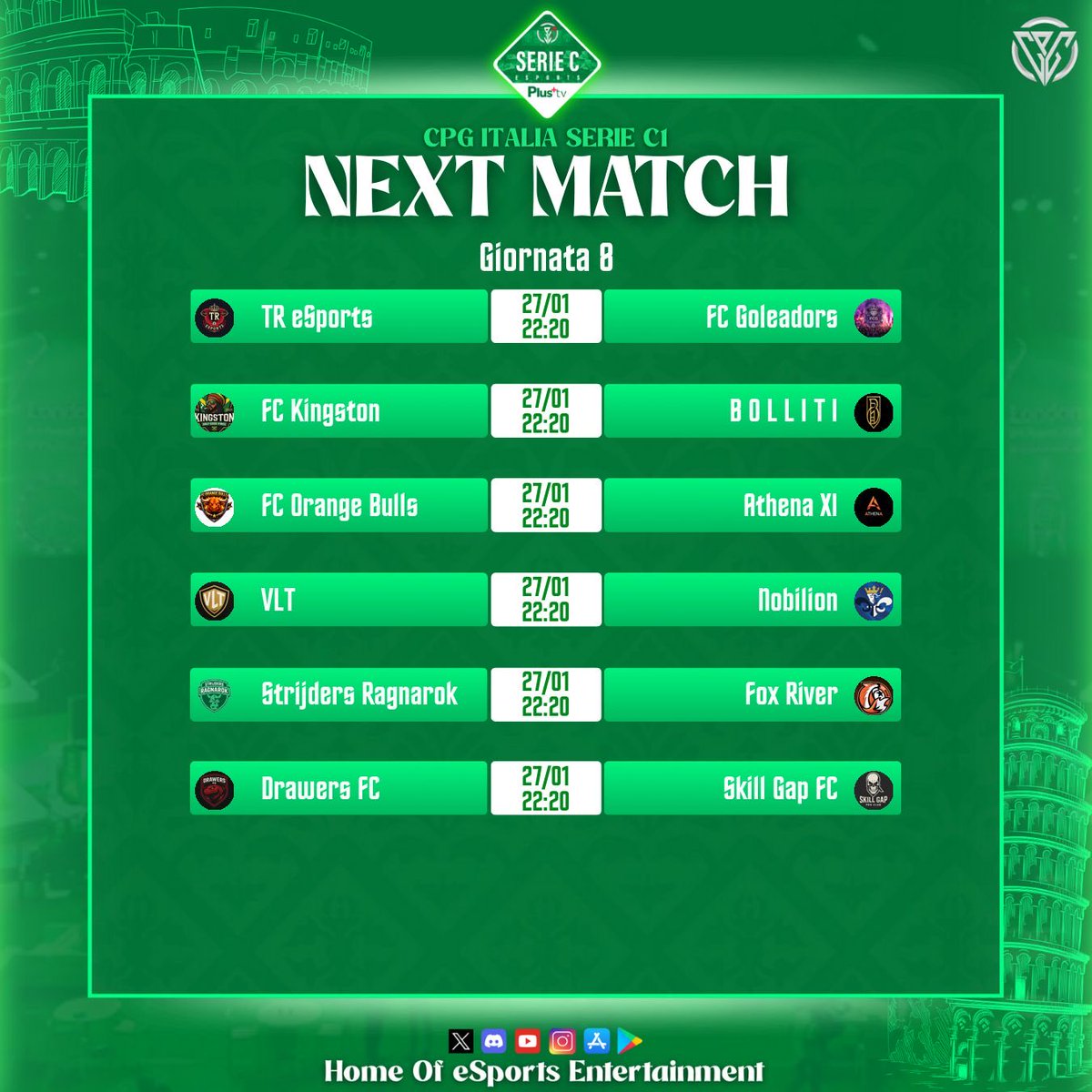 🏆 CPG Italia
⚽️ Serie C
📊 Accoppiamenti
🗓️ Giornata 8

<a href="/Fckingston01/">Fckingston</a>
<a href="/Malese597505/">Malese</a>
<a href="/FoxRiver10_/">Fox River</a>
<a href="/CormiglioXI/">Venum Esports</a>
<a href="/bollitifoggia/">B O L L I T I</a>
<a href="/DrawersFC/">Drawers FC</a>
<a href="/sTr_RagnarokFC/">𝙎𝙩𝙧𝙞𝙟𝙙𝙚𝙧𝙨 𝙍𝙖𝙜𝙣𝙖𝙧𝙤𝙠</a>
<a href="/VLTproclub/">VLT</a>
<a href="/Athena_EAFC/">Athena XI</a>
<a href="/NobilionEsports/">NobilionEsports</a>
<a href="/Zena_esport/">𝒁𝑬𝑵𝑨 𝑬𝑴𝑷𝑰𝑹𝑬</a>
<a href="/FcOrangeBulls/">FcOrangeBulls</a>