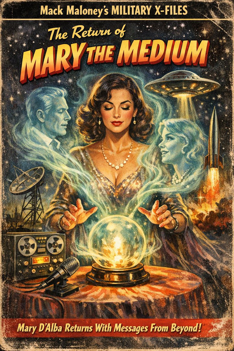 MilitaryXFiles's tweet photo. This week! “The Return of Mary The Medium” – Mary D’Alba returns to the show for another display of her mind-blowing ability to relay messages from the spirit world to loved ones here on Earth.

Listen to Mack Maloney's Military X-Files wherever you get your podcasts. https://t.co/t9epctyg6R