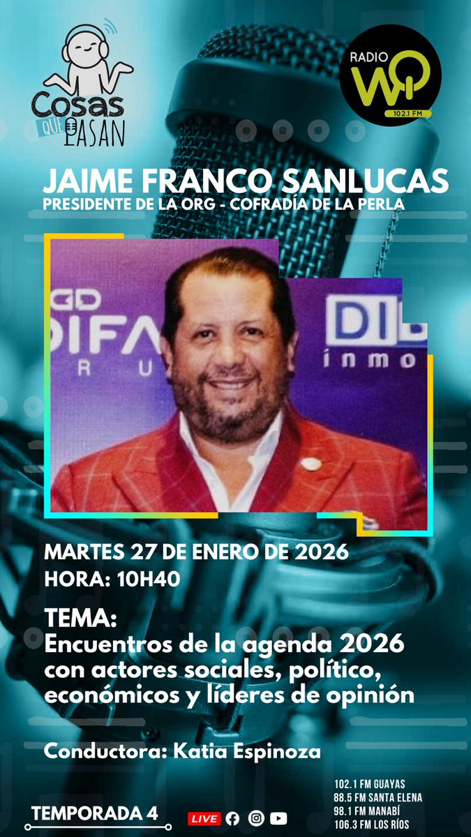 Excelente entrevista en <a href="/wq_radio/">WQ Radio</a> en <a href="/CosasQuePasanEC/">CosasQuePasan</a> hablando del Próximo foro de La Cofradía de La Perla el 11 Febrero en el <a href="/HiltonColon_gye/">Hilton Colón Guayaquil</a>

Link 👇
youtube.com/live/VKN86Uk3v…