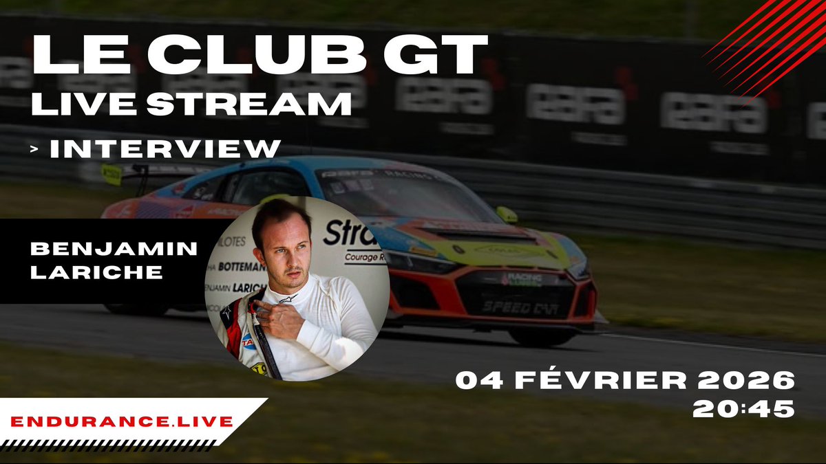 🚨LIVE🚨

📣 Mercredi prochain ➡️ Interview du Champion en GT4 European Series 2025 : Benjamin Lariche❗️

🔗Facebook➡️ facebook.com/groups/enduran…

🔗Youtube➡️ youtube.com/live/crVWsgVug…

🔗Twitch➡️ twitch.tv/endurance_live

#ENDURANCE #GT4EUROPEANSERIES #GT4EUROPE #INTERVIEWLIVE