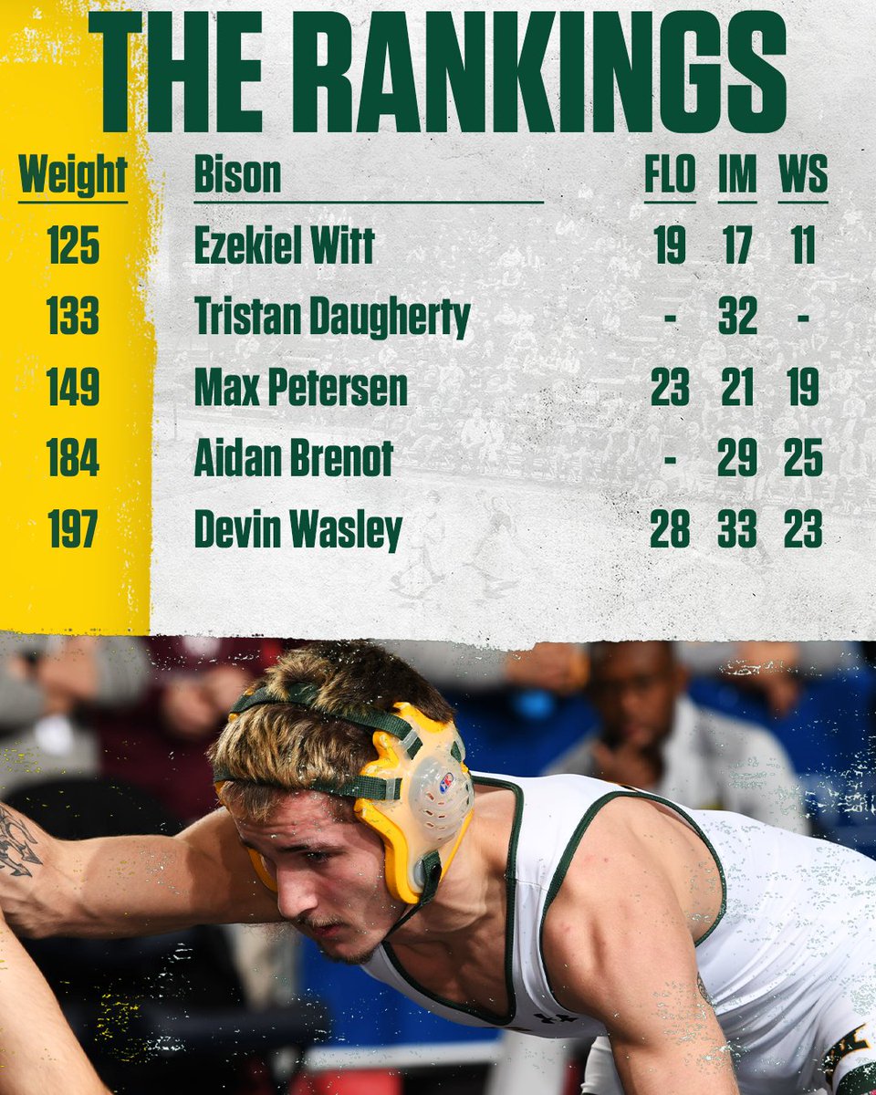 NDSUwrestling's tweet image. The Bison in the rankings headed into our final two home duals of the season this week! 🤘