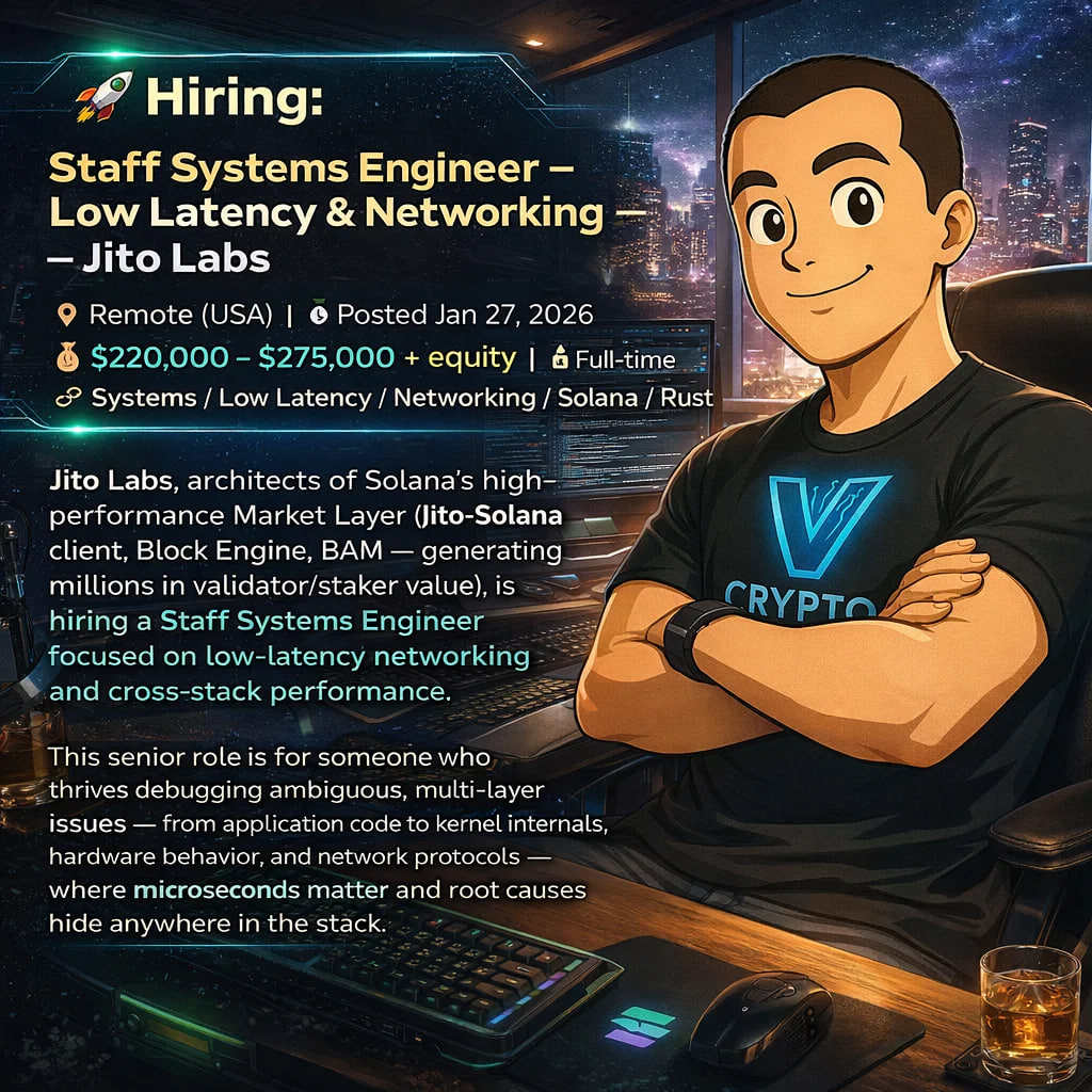 🚀 Hiring: Staff Systems Engineer – Low Latency & Networking — Jito Labs 📍  Remote (USA) | 💼 Full-time | 🧑‍💻 Systems / Networking / Low Latency | 💰  $220k–$275k + equity |