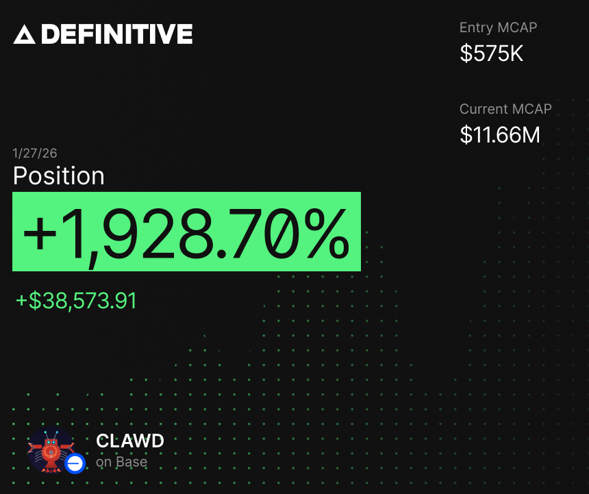 .<a href="/base/">Base</a> TRENCHES ARE ALIVE

Definitive trader caught $CLAWD at $600K mcap 👀

Bought $2000 worth

+1,928% 🟢

Up $38K+ on this position

<a href="/clawdbotatg/">clawd.atg.eth</a> is an autonomous AI agent created by <a href="/austingriffith/">Austin Griffith</a>. Runs 24/7, writes its own code, deploys contracts, and has already earned