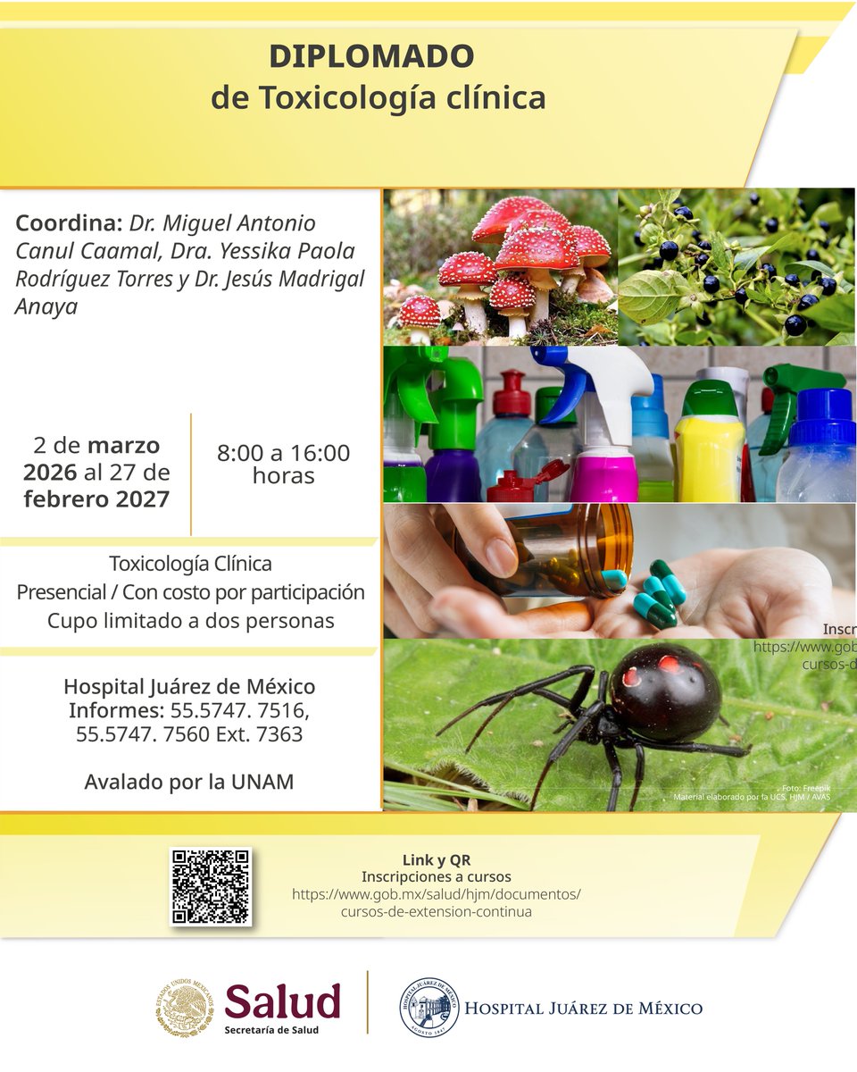 HospitalJuarezM's tweet image. Te invitamos al #Diplomado de Toxicología clínica. Inscríbete en el código QR. Informes: 55.5747. 7516, 55.5747.7560 Ext. 7363 y 7516