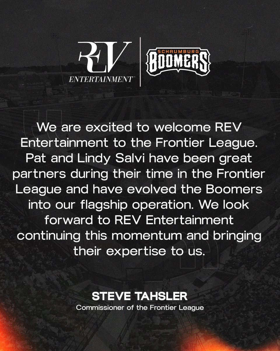 Big news ⚾️🎉 REV Entertainment is purchasing the Schaumburg Boomers!

Thank you to Pat &amp; Lindy Salvi for 14 incredible years of leadership. Excited for what’s ahead!

🔗 bit.ly/4rhtxVY

#boomercountry