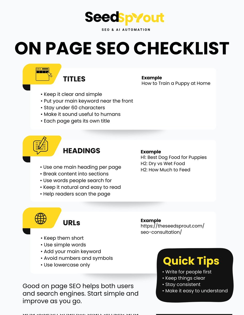 SeedsproutUk's tweet photo. If your website is not bringing in the right visitors, the basics might be the problem.
Clear titles, simple headings, and clean URLs can make a real difference.
This checklist shows what to fix first before chasing advanced SEO. https://t.co/AndFyiAkuG