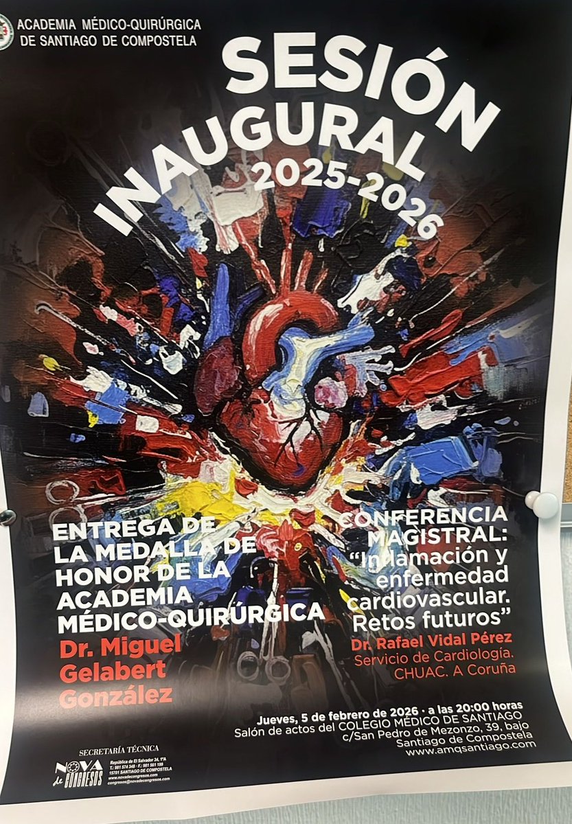 rafavidalperez's tweet photo. El jueves de la semana que viene tendré el honor de participar en la inauguración del curso 25-26 de la Academia Médico Quirúrgica de Santiago @amqscompostela hablando sobre "#Inflamacion y enfermedad cardiovascular. Retos futuros"  y donde se homenajea al Profesor Gelabert, referente de la #neurocirugía en Galicia