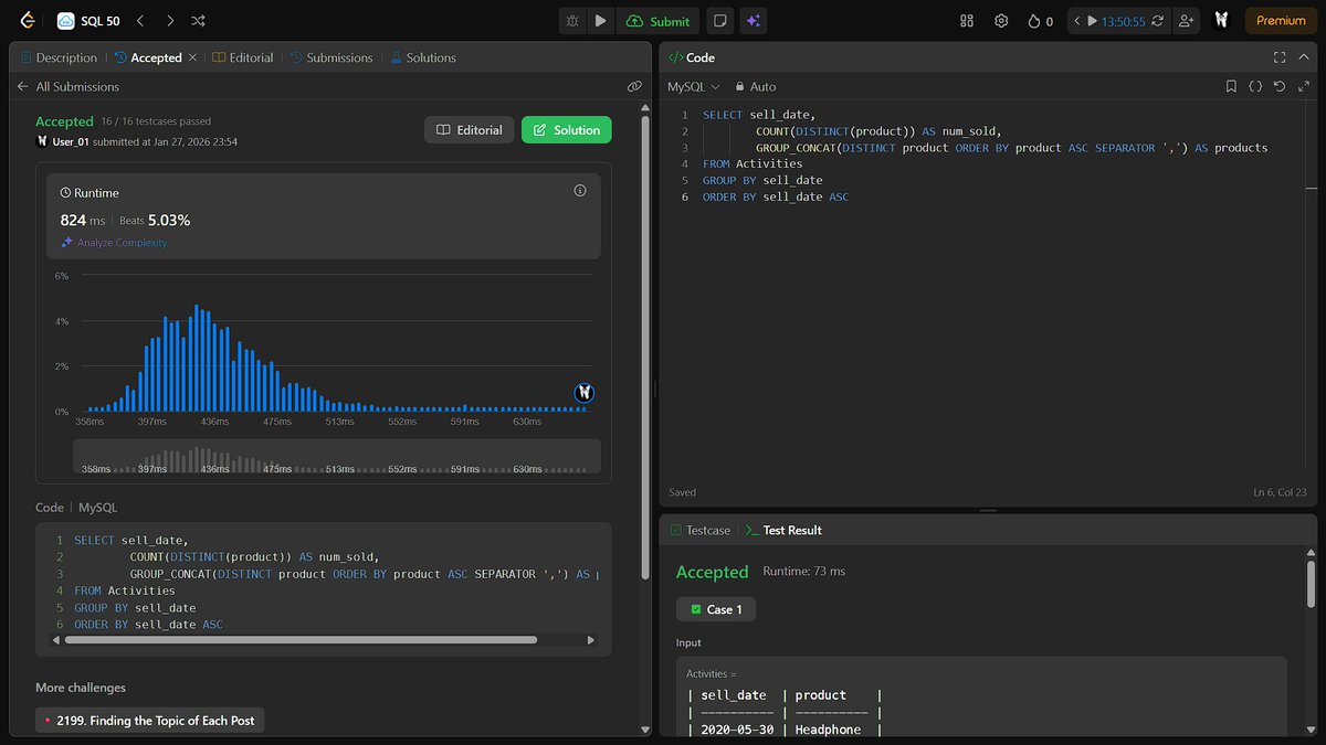 Wannabe_01_'s tweet photo. #Day201 of grinding until I land a job!๐
- The Painter's Partition Problem-II
(All questions seem similar to me)
- SQL: Group Sold Products By The Date
#DSA #100DaysOfCode #ALGO #SQL #LeetCode https://t.co/IgxkMfpKjW