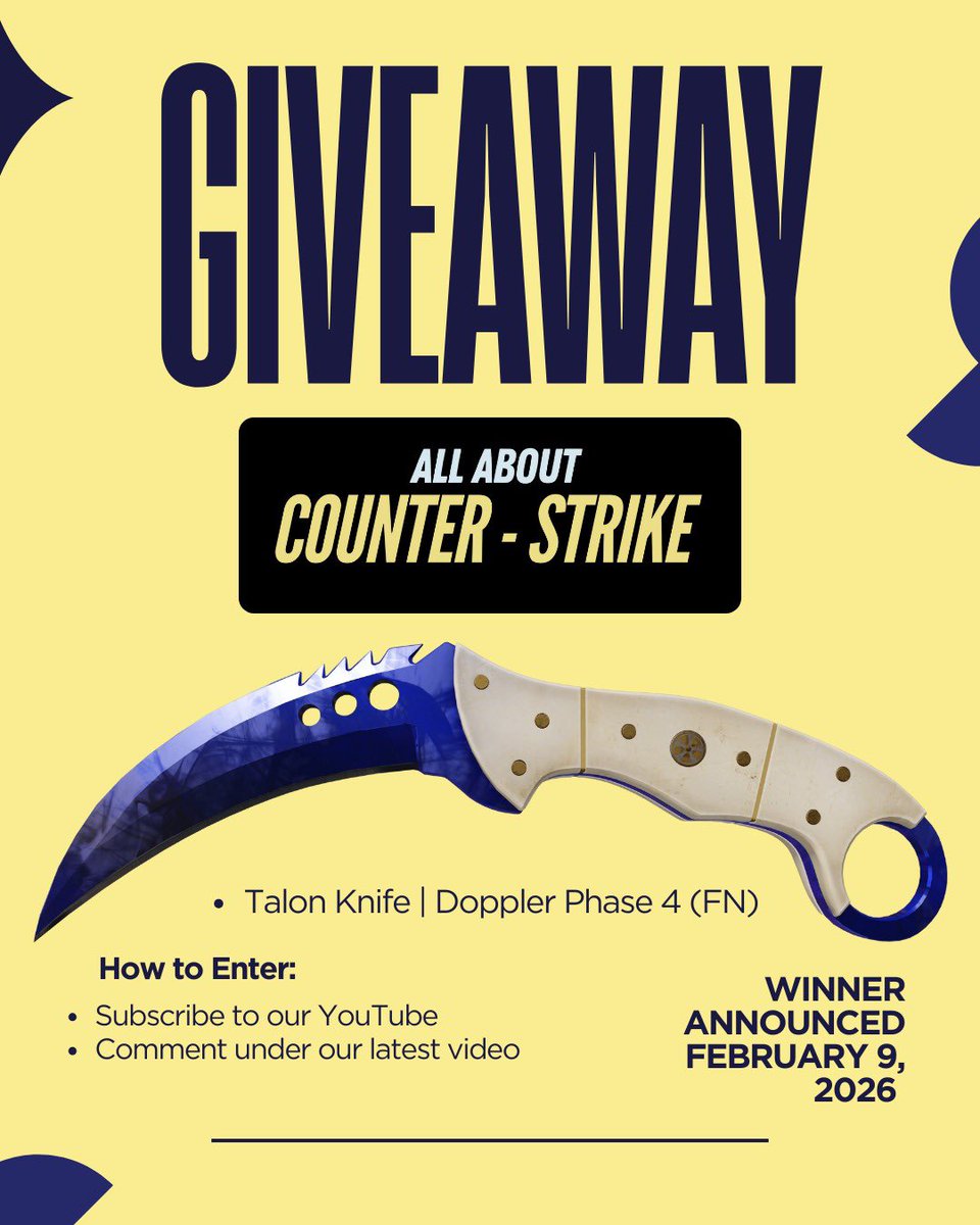 ⭐️GIVEAWAY⭐️ Talon Knife | Doppler phase 4 (FN)

How to enter:
✅ Subscribe to youtube.com/@allaboutcount… 
+
⌨️ Comment on this video youtu.be/sB92APIy_Ic
+ 
🔁 Retweet this post

Winner announced after Krakow ~ GL + HF❗️