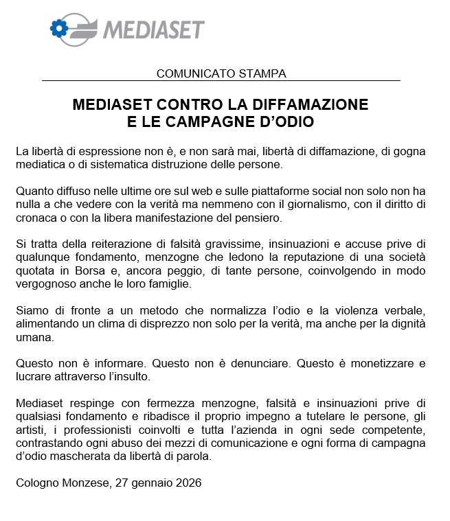Mediaset contro la diffamazione e le campagne d'odio.