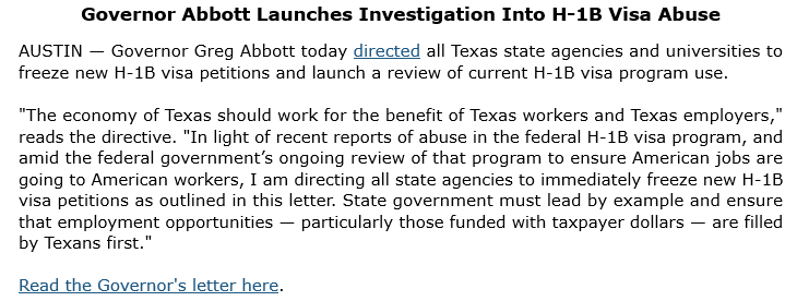 GovAbbottPress's tweet image. Governor @GregAbbott_TX demanded all state agencies and universities freeze new H-1B visa petitions &amp;amp; review existing H-1B programs to combat fraud &amp;amp; ensure American jobs are going to American workers. 

Read the Governor's letter here: bit.ly/3ZySzUy