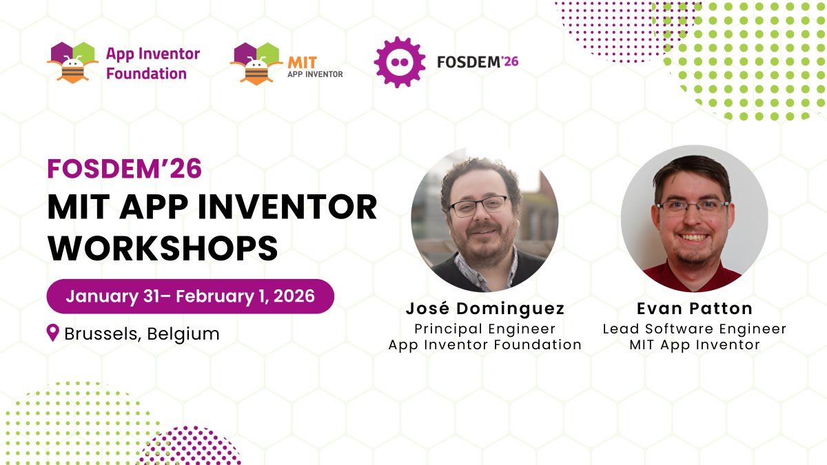 MITAppInventor's tweet image. The #AppInventorFoundation and #MITAppInventor teams will run two workshops at #FOSDEM2026 Junior this weekend in Brussels, Belgium 🇧🇪
Learn more: appinventorfoundation.org/events/fosdem-…