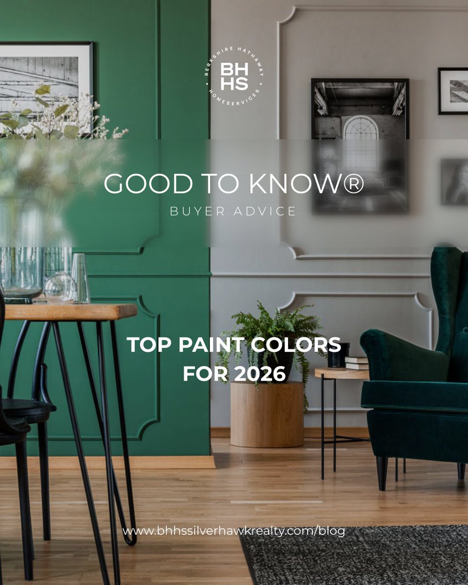 BHHS_Silverhawk's tweet photo. 💡 Good to know®: Top Paint Colors for 2026
Top paint brands are moving away from cool grays &amp; toward richer, nature-inspired tones. Think grounded greens, earthy browns + moody neutrals that feel intentional &amp; timeless.

👉 See the full list here:
https://t.co/CnNIy3ltEs https://t.co/tFV2ivSJZG