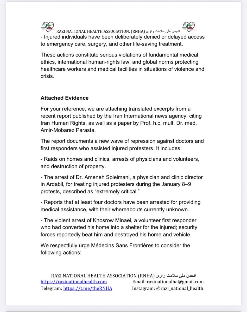 physiotherapy1's tweet image. RNHA urged Doctors Without Borders to act urgently on repression of #medicalstaff and the #humanitarian crisis in #Iran, citing reliable evidence.

@MSF_USA @WHO @hrw @realDonaldTrump @elonmusk @DVATW @PressSec @PahlaviReza @SGhasseminejad @BarronTNews_ @LindseyGrahamSC @FoxNews