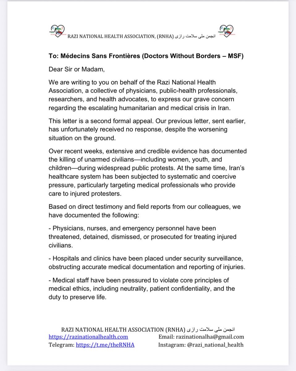 physiotherapy1's tweet image. RNHA urged Doctors Without Borders to act urgently on repression of #medicalstaff and the #humanitarian crisis in #Iran, citing reliable evidence.

@MSF_USA @WHO @hrw @realDonaldTrump @elonmusk @DVATW @PressSec @PahlaviReza @SGhasseminejad @BarronTNews_ @LindseyGrahamSC @FoxNews