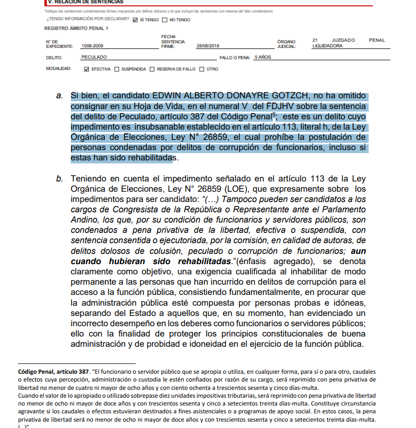 El JEE Lima Centro 2 declaró improcedente la candidatura al Senado del general en retiro Edwin Donayre, por su sentencia firme por peculado por el denominado caso Gasolinazo.