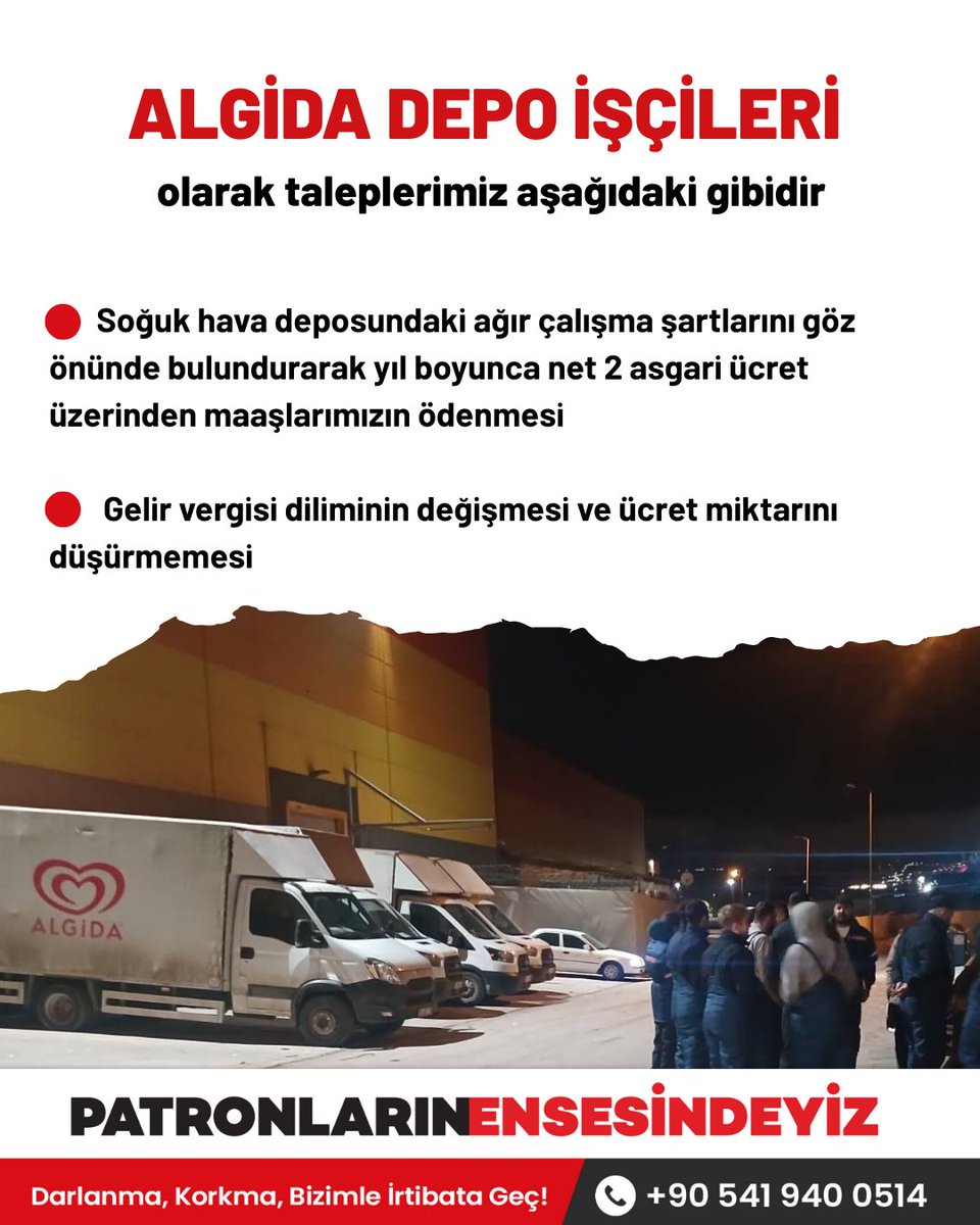 pensendeyiz's tweet image. 📢Algida Depo işçileri iş bıraktı

Zam oranlarının bugün %27 olarak açıklanması üzerine   ücretlerinin net 32000 TL olarak belirlenmesini kabul etmeyen #Algida Depo işçileri iş bıraktı.

PE Algida İşçileri Dayanışma Ağı'ndan işçiler 'Bu maaşla geçinmelerinin mümkün olmadığını,