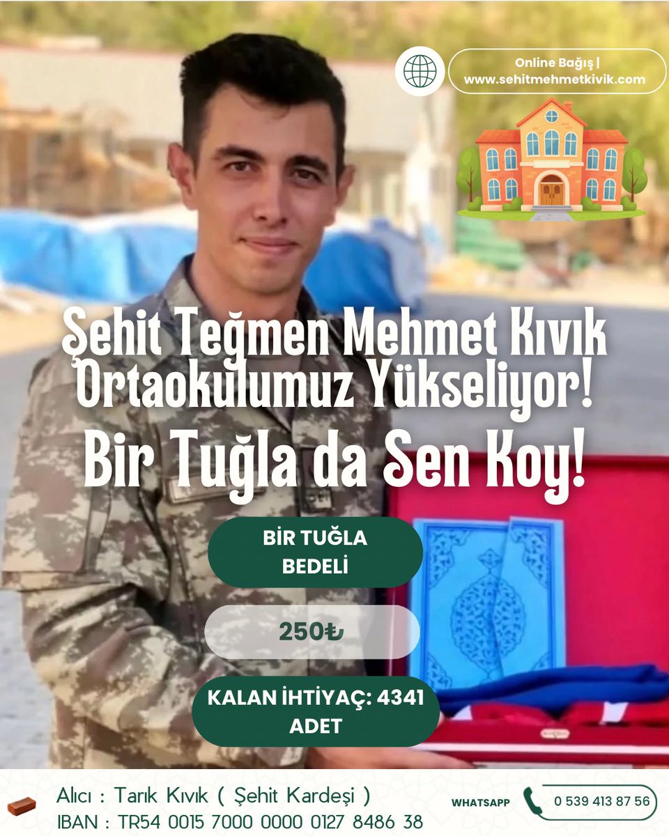 Bu adam; silah arkadaşımız, devremizin gülen yüzü Tğm. Mehmet Kıvık! Buz gibi Türkçü, kale gibi Atatürkçü bir yiğit.26 Nisan 2021’de hain bir el yapımı patlayıcıyla kopardılar bizden.Hiç unutmadık,unutturmadık.Bugün sıra sizin. Adını yaşatacak okula bir tuğla da siz ekleyin🇹🇷