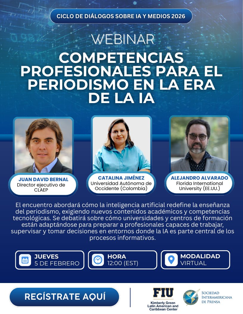 Apúntate al webinar "Competencias Profesionales para el Periodismo en la Era de la IA" que organiza <a href="/sip_oficial/">SIP • IAPA</a>

Se analizará cómo la IA está redefiniendo la enseñanza del periodismo y competencias tecnológicas.

📆 5 febrero 🕛 12 hrs EST
🔗 Registro: twp.ai/4iv7Oa